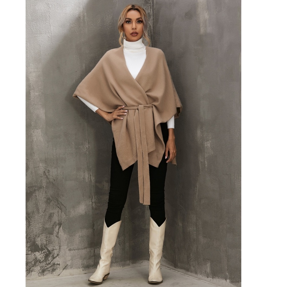 Knitted Cape Belted in Tan - Picture 4 of 10